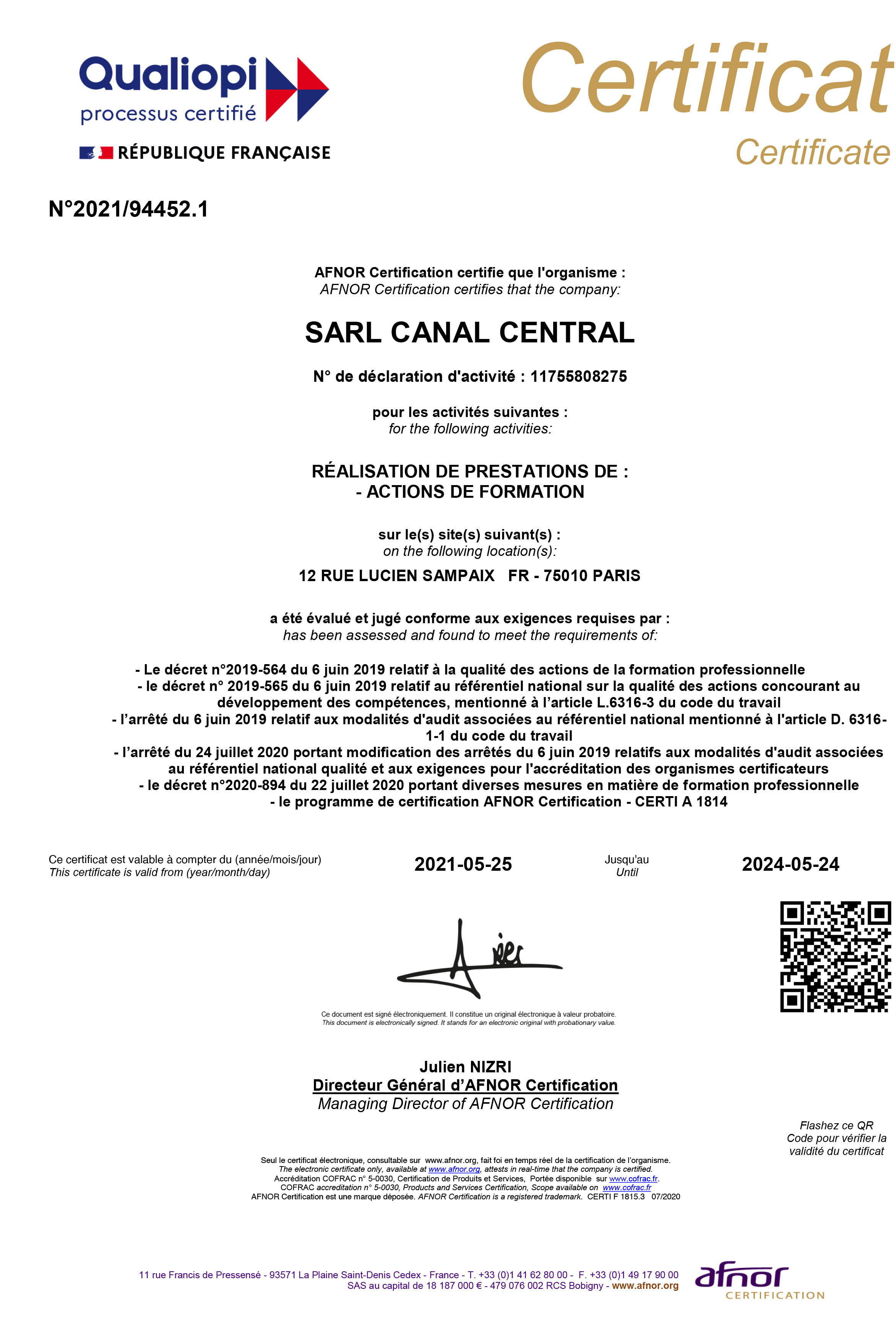 Certificat Afnor CanalCentral